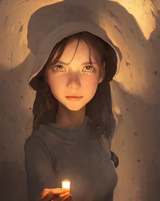 Image similar to a beautiful coalminer woman in a mine lit by kerosene lamps, pioneer work, ambient cave lighting, detailed face, by makoto shinkai, stanley artgerm lau, wlop, rossdraws