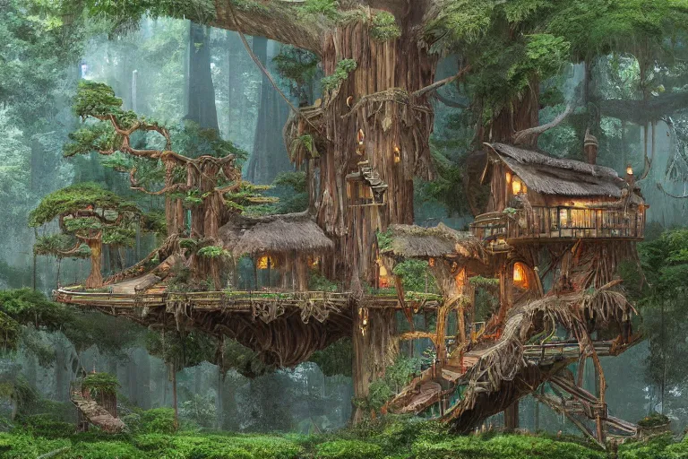 Image similar to various treehouses mounted on giant redwood tree trunks, interconnected by rope bridges, fantasy setting, dense vegetation, very detailed, d & d concept art, 4 k