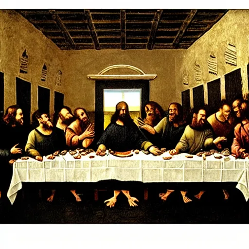 Prompt: the new zealand all black rugby team in the last supper by leonardo da vinci