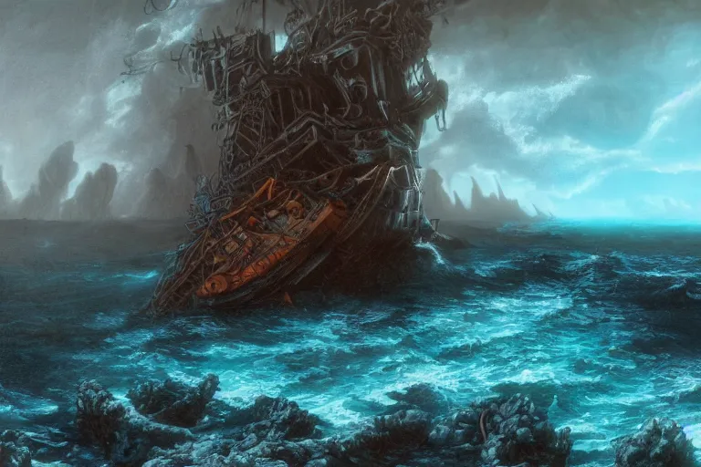 Image similar to a wrecked pirate ship on the reef, hostile rocks, storm, lightnings, dark atmosphere, by John Howe, 4K, unreal engine 5, teal and dark blue color scheme, darker