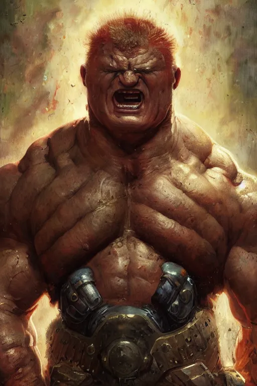 Image similar to upper body and head portrait of hulking brock lesnar as marvel juggernaut wearing battered armour, norman rockwell, wayne barlow, raymond swanland, tom lovell, alex malveda, boris vallejo, jack kirby, lawrence alma tadema, greg staples, jeremy mann, artstation comic character concept