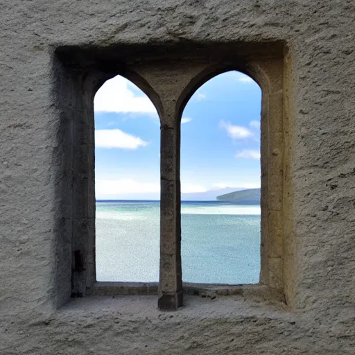 Prompt: a mullioned window through which you can see the sea