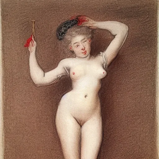 Image similar to Drawing of a woman, full body, clothed, François Boucher, red chalk, watteau