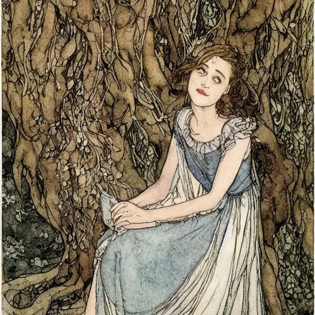 Image similar to a detailed, intricate watercolor and ink portrait illustration with fine lines, of a lovely, pretty, young alicia vikander in a dress reading under a gnarled tree, by arthur rackham and edmund dulac and mucha