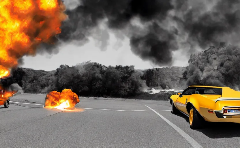 Image similar to a black and gold 1 9 7 3 pontiac firebird trans am sd - 4 5 5 driving high speed, fire explosion in the background, action scen. realistic. high resolution. dramatic