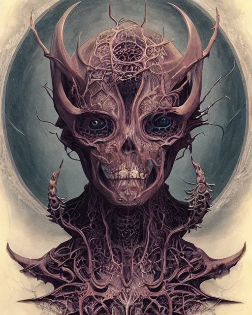 Image similar to perfectly centered portrait front view of a dead rotten daemon growing ornamentation, ornate, detailed, symmetrical, elegant, beautifully soft lit, by wayne barlowe, peter mohrbacher, kelly mckernan