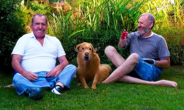 Prompt: My dad Steve just took a hit from the bongo and have good time being gracefully relaxed in the garden, sunset lighting. My second name is Carell. My dad second name is Carell. Im the dog and Steve Carell is my dad