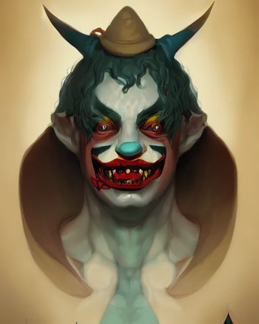 Image similar to portrait of a demonic clown by peter mohrbacher. trending on artstation