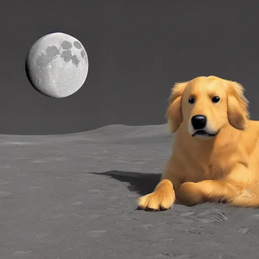 Prompt: a golden retriever dog on the surface of the moon, 3 d render, dramatic, photorealistic