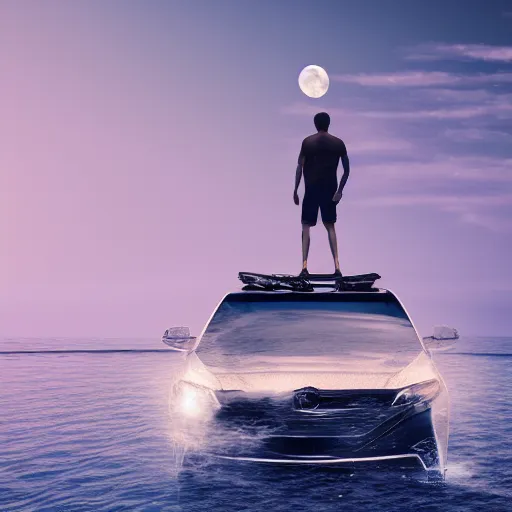 Image similar to man on the car in the middle of sea, moon glowing, 4 k render,