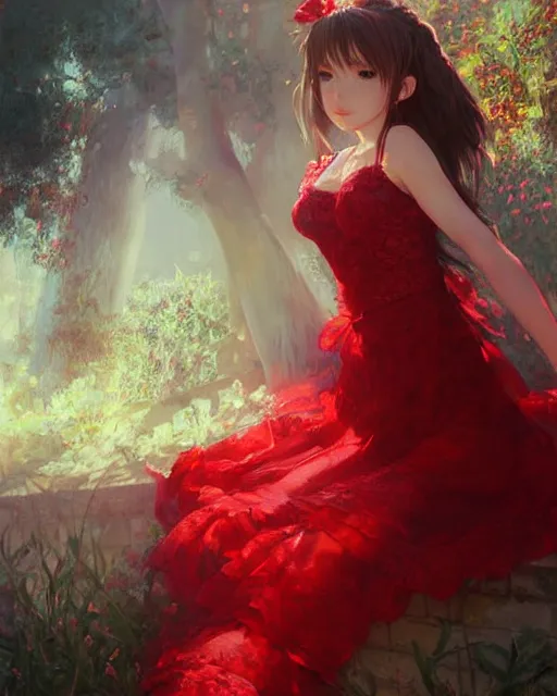 Prompt: aerith gainsborough in red lace skirt, portrait, illustration, rim light, top light, perfectly shaded, spring time, slight overcat lighting, soft painting, art by krenz cushart and wenjun lin