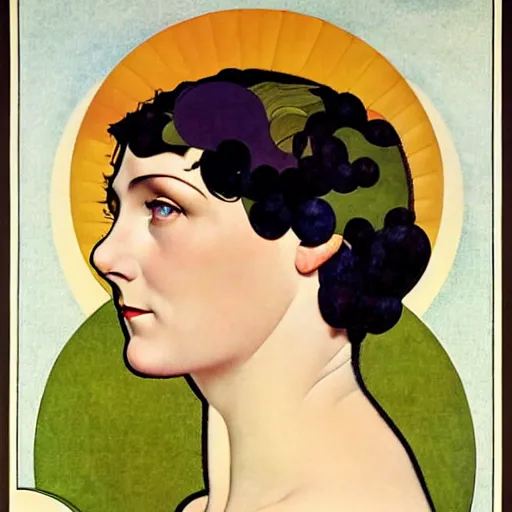 Image similar to Art in the style of Coles Phillips, Gaia, Full figured Mother Earth, portrait, Mucha, Georgia O'Keeffe