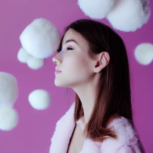 Image similar to photorealistic portrait of cute girl model, close up, staring directly at camera, fluffy soft pink and white cotton balls floating in air, natural lighting, blurry background, shot on iphone 1 3 pro,