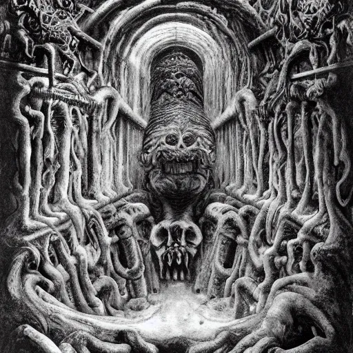 Image similar to the entrance of tartarus, ornate, ominous, weapons, mossy, lava, underworld, low angle, warped drive through the gates of hell, reality of non - euclidean eldritch geometric biomechanical taxonomic forms by rodin, hr giger, ernst haeckel, mc escher and junji ito.