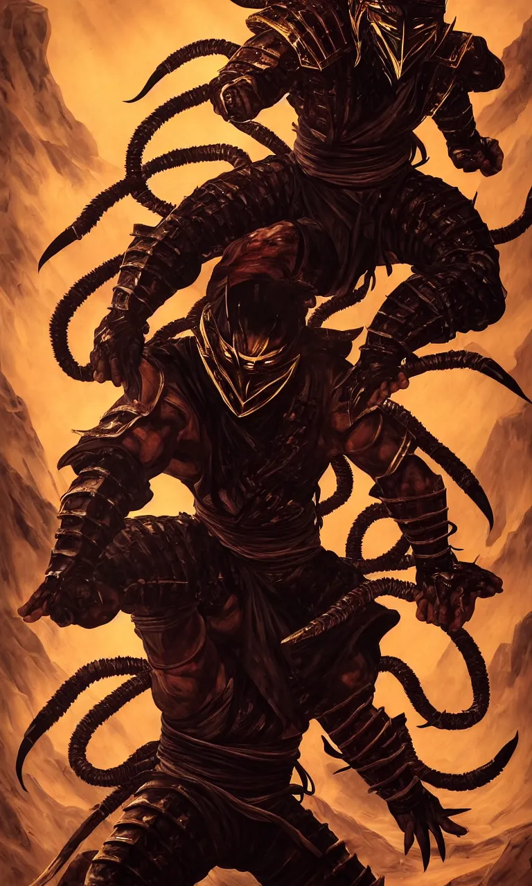 Image similar to portrait of hanzo hasashi scorpion from mortal kombat in the gates of hell, full body shot,, walking towards the camera, camera pulled back far, highly detailed dramatic lighting, artstation, atmospheric perspective, artgerm, mk ninja, epic ninja suit, intense contrast, 3 light sources, by lee bermejo, alphonse mucha and greg rutkowski