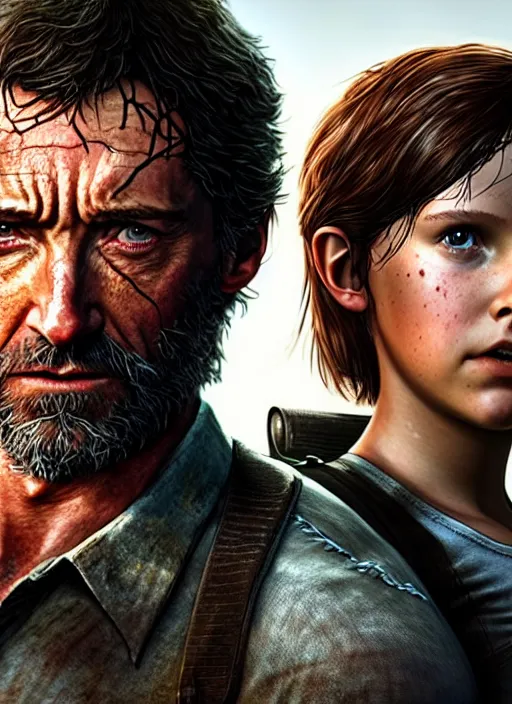 Prompt: hugh jackman as joel from the last of us standing with millie bobby brown as ellie, character concept art, hyperrealistic, detailed, accurate illustration, dramatic lighting