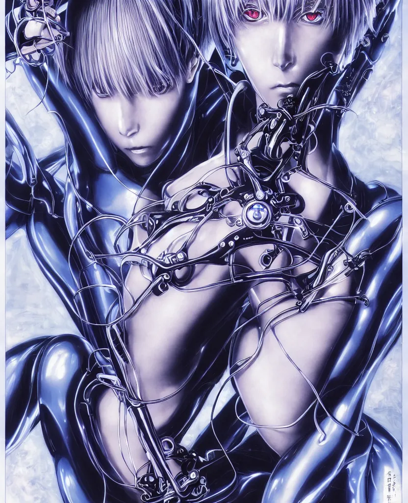 Image similar to symmetrical. realistic detailed image of anime portrait, realistic detailed male character, rei ayanami, black plugsuit, depth perception, vivid colors, masterpiece, depth of field, gothic, digital art. art by yoshitaka amano, by yukito kishiro, by yoshiyuki sadamoto, by artgerm, by hajime sorayama