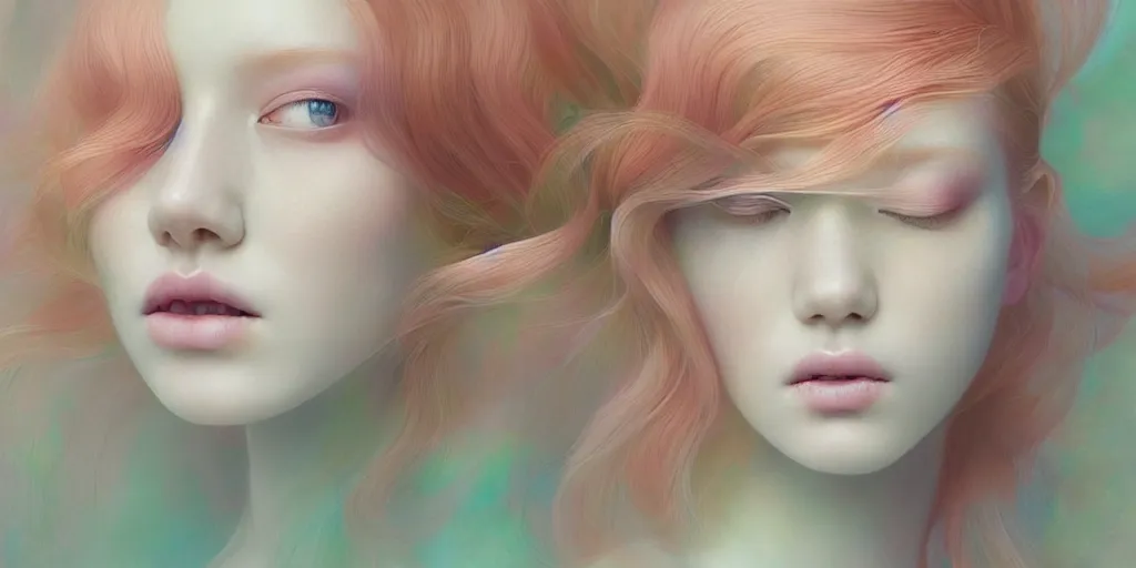 Image similar to highly detailed pastel colors of an ethereal ginger beauty morphing gradually into flowers, by artgerm and hsiao - ron cheng, smooth composition, fine patterns and detail