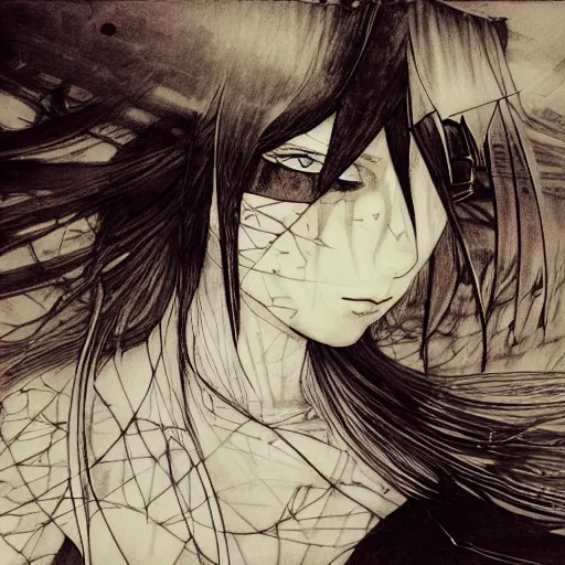 Image similar to Yoshitaka Amano blurred and dreamy illustration of an anime girl with pirate eye patch, wavy white hair and cracks on her face wearing Elden ring armour with the cape fluttering in the wind, abstract black and white patterns on the background, noisy film grain effect, highly detailed, Renaissance oil painting, weird portrait angle