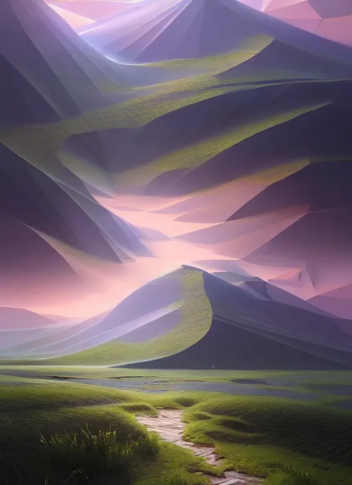 Image similar to a hyper - detailed 3 d render like a oil painting of summer in the low - poly hills, surrealism!!!!! surreal concept art, lifelike, photorealistic, digital painting, aesthetic, smooth, sharp focus, artstation hd, by greg rutkowski, chris tulloch mccabe, valentina remenar, krenz cushart and asher duran,