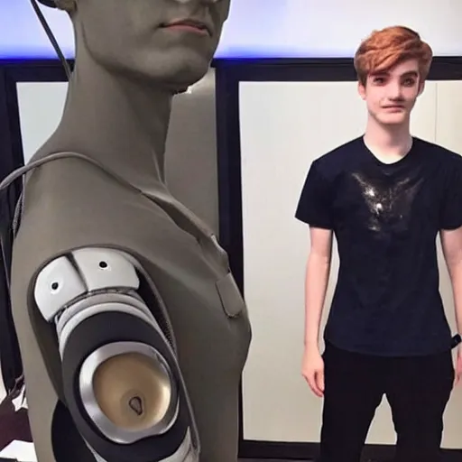 Image similar to “a realistic detailed photo of a guy who is an attractive humanoid who is half robot and half humanoid, who is a male android, twitch streamer Ninja Tyler Blevins, shiny skin, posing like a statue, blank stare, gaming room”