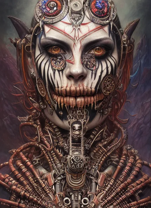 Image similar to hyper detailed masterpiece undead aztec face tattoo warrior by donato giancola and tom bagshaw, face by artgerm and edmund leighton, and h. r. giger, trending on artstation, colorful, psychedelic aesthetic, ornate, background by james jean, 8 k, biomechanical, majestic, volumetric lighting, porcelain skin, concept art, sharp focus