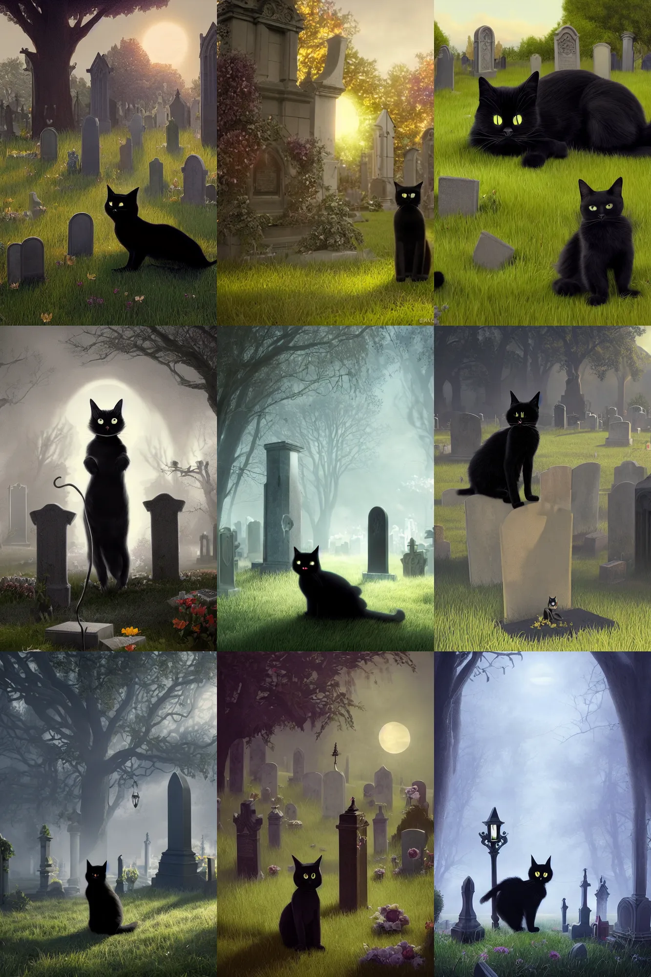 Prompt: a wholesome gothic illustration of a happy black cat hanging out in a cemetery with goth Wednesday Addams, Pixar and Disney animation, sharp, Rendered in Redshift and Unreal Engine 5 by Greg Rutkowski, Bloom, dramatic lighting, sunrise