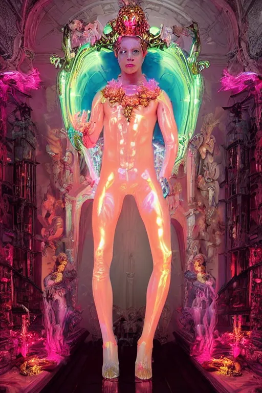 Image similar to full-body rococo and cyberpunk delicate neon crystalline sculpture of ((young muscular onyx albino Colombian prince)) as an iridescent humanoid deity wearing ((peach plastic hooded cloak)) (holding a human skull) in a white castle dungeon, reclining, glowing pink face, crown of (pink lasers), large blue diamonds, swirling black silk fabric. futuristic elements. oozing glowing liquid, full-length view. space robots. intricate artwork by caravaggio. Trending on artstation, octane render, cinematic lighting from the right, hyper realism, octane render, 8k, depth of field, 3D