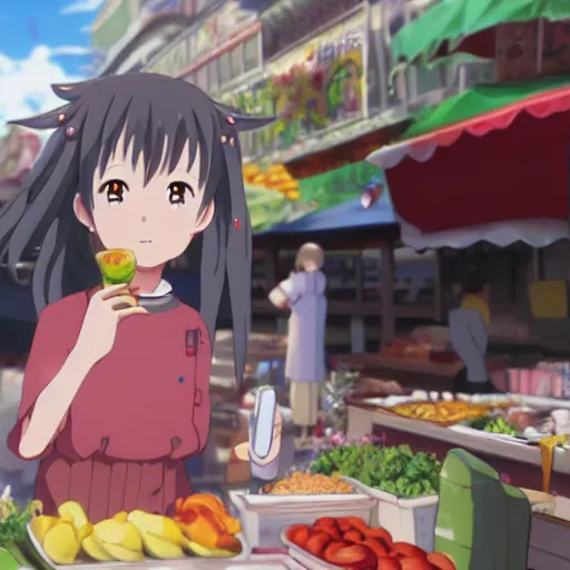 Prompt: vtuber anime girl, eating at a market, fantasy, studio ghibli, screenshot from the anime film by makoto shinkai, 8k