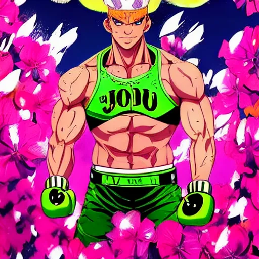 Prompt: handsome boxer, punching, wearing neon boxing outfit, bodybuilder posing, portrait surrounded by hibiscus flowers, jojo cover art, jojo anime style, david production, style of vento aureo cover art, style of stone ocean cover art, style of steel ball run cover art, style of jojolion cover art, ilya kuvshinov style, illustrated by hirohiko araki