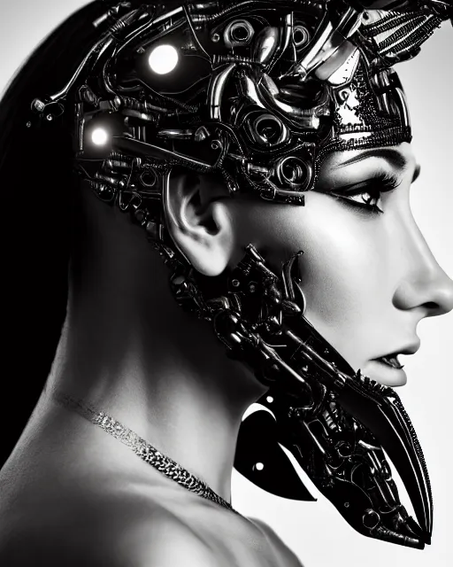 Image similar to a profile portrait, a stunning young woman - cyborg with a mutant crow head, editorial photography, bw, shot on 7 0 mm, depth of field, f / 2. 8, high contrast, 1 6 k, volumetric lighting, shiny, insanely detailed and intricate, hypermaximalist, elegant, ornate, hyper realistic, super detailed