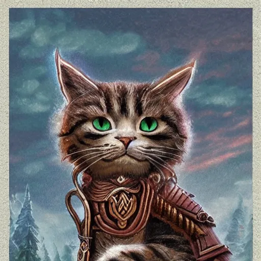 Prompt: viking cat in the style of thomas kinkade