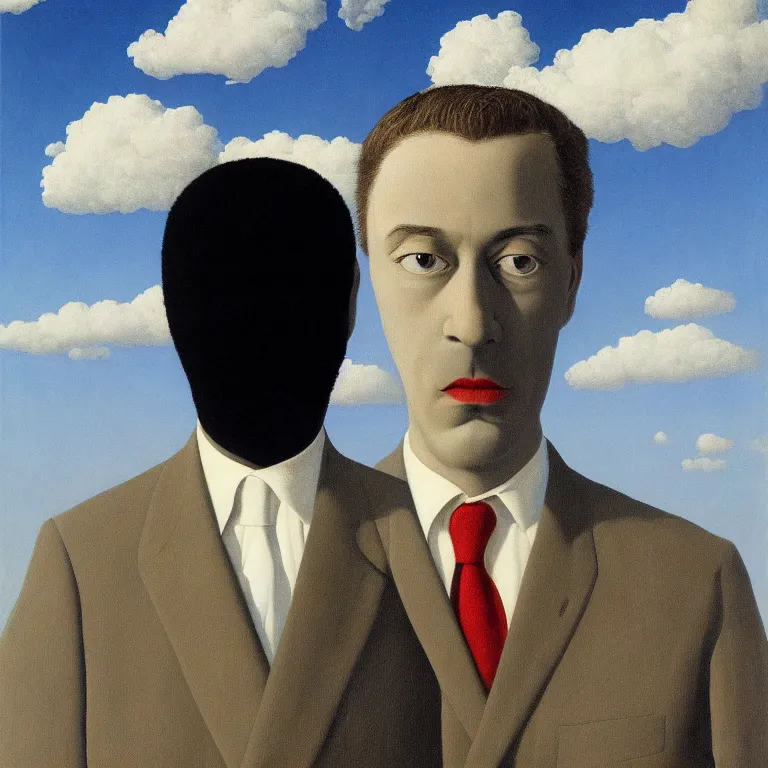 Image similar to portrait of a faceless shadow - head man in a suit, clouds in the background, by rene magritte, detailed painting, distance, centered, hd, hq, high resolution, high detail, 4 k, 8 k