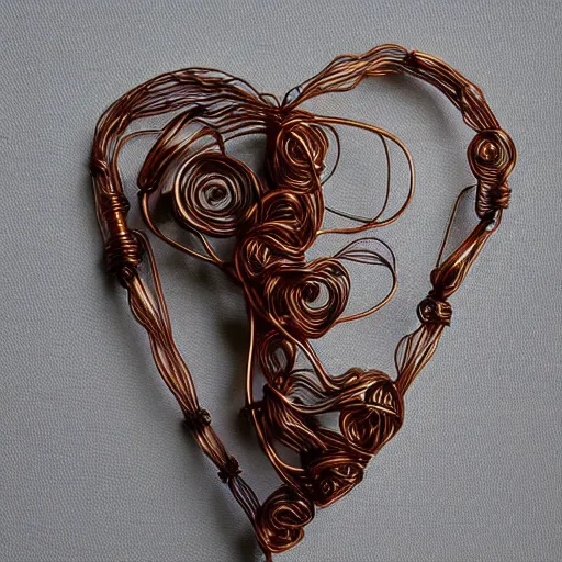 Image similar to a very beautiful tiny ( human heart )!!!!!!!!!!!!!!!!!!!!!!!!! organic sculpture made of copper wire and threaded pipes, very intricate, curved. studio lighting, high resolution, high quality, black background