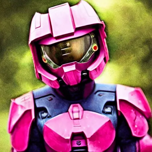 Image similar to cute master chief in pink armor holding a banana