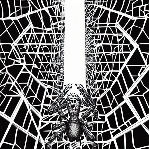 Prompt: a giant spider in a huge bright maze of many doorways and lots of stairs, many doorways, inside MC Escher architecture, artstation, Junji Ito, epic composition