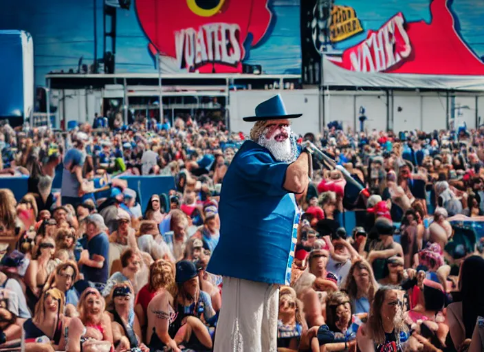 Prompt: photo still of the quaker oats man on stage at vans warped tour!!!!!!!! at age 5 5 years old 5 5 years of age!!!!!!! tossing oatmeal to the crowd, 8 k, 8 5 mm f 1. 8, studio lighting, rim light, right side key light