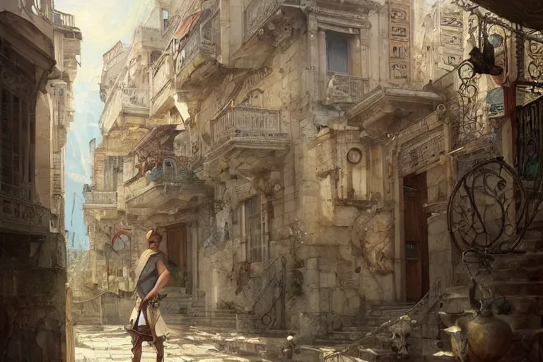 Image similar to handsome korean man looking at ancient renaissance athens street with intricate details, serene, face anatomy, by wlop, peter mohrbacher, jakub rebelka, visually stunning, beautiful, masterpiece