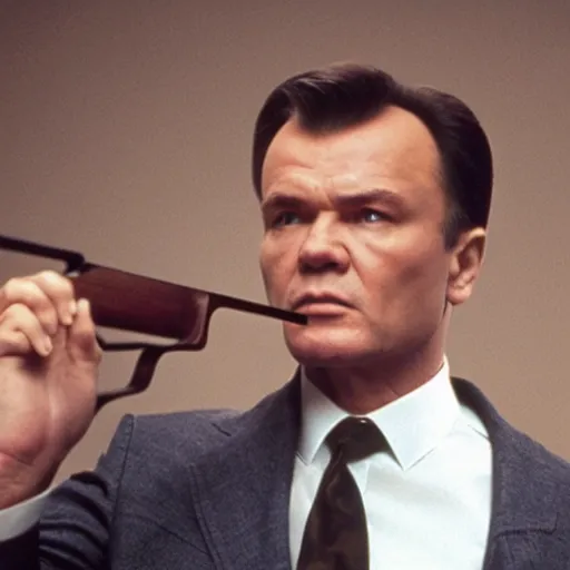 Prompt: Viktor Yanukovych holding a shotgun as the American Psycho, cinematic still