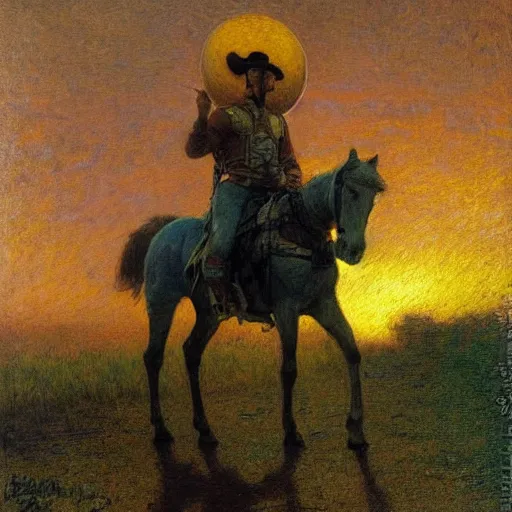 Image similar to horse rider cowboy in yellow jacket against sunset and parked spaceship, oil painting, gaston bussiere, mucha, gerome,