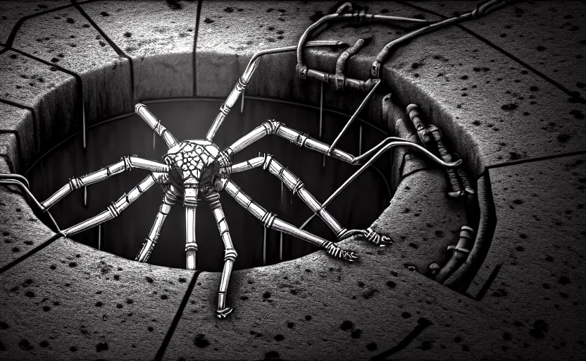 Image similar to mechanical spider in a sewer, ultra detailed digital art, fine drawing, hyper real, 4 k, moody lighting