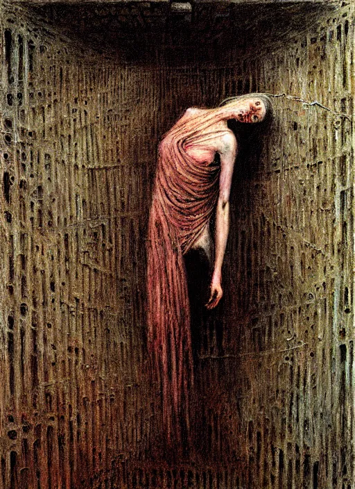 Prompt: dirty pale girl in rags inside cage by Beksinski