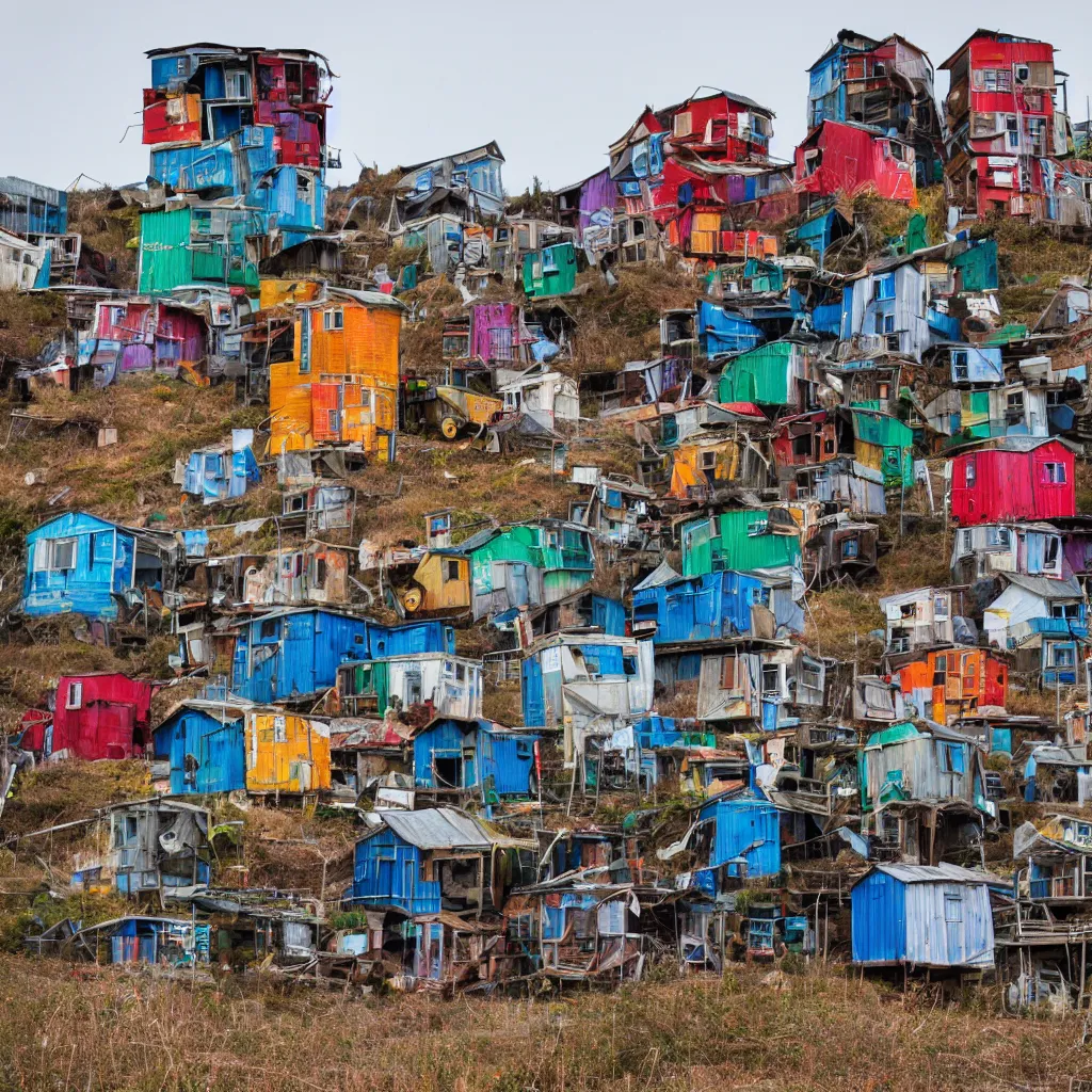 Image similar to a tower made up of colourful makeshift squatter shacks, dystopia, sony a 7 r 3, f 1 1, fully frontal view, photographed by jeanette hagglund, ultra detailed,