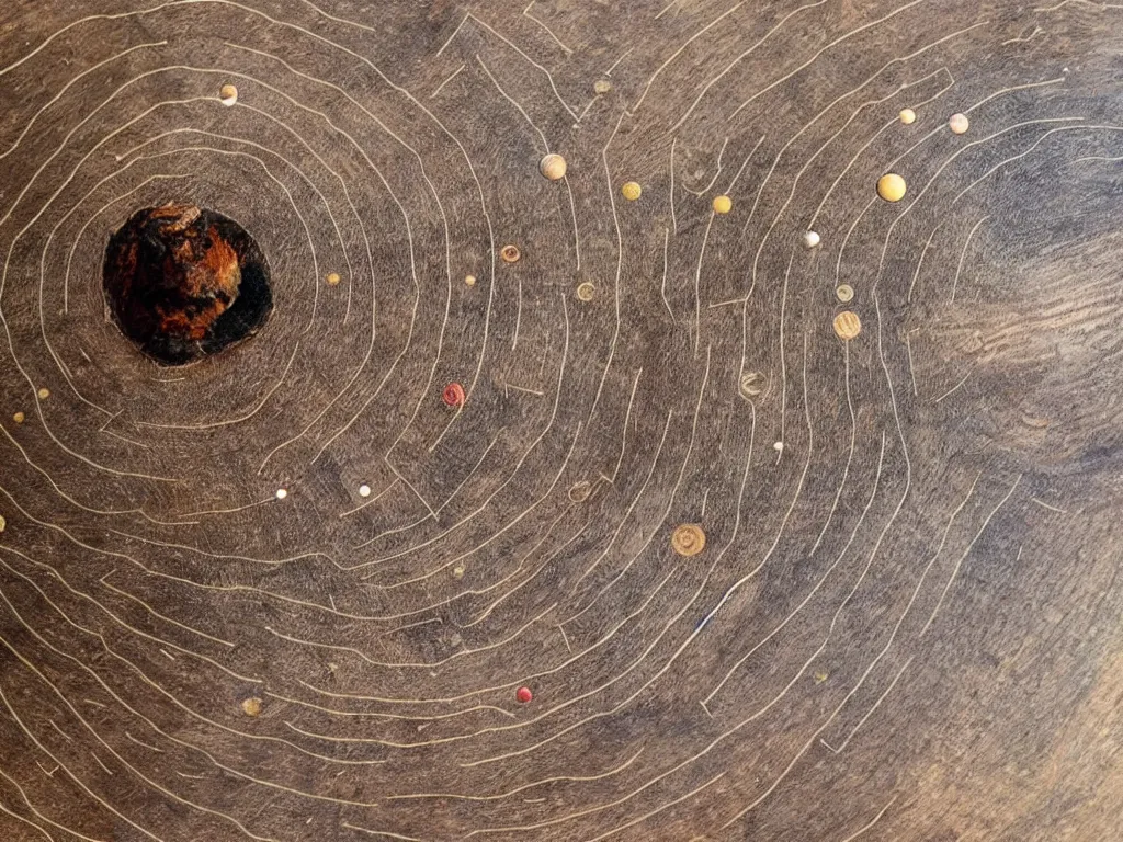 Prompt: wood engraving of a solar system diagram burned into a slice of log, on a white background