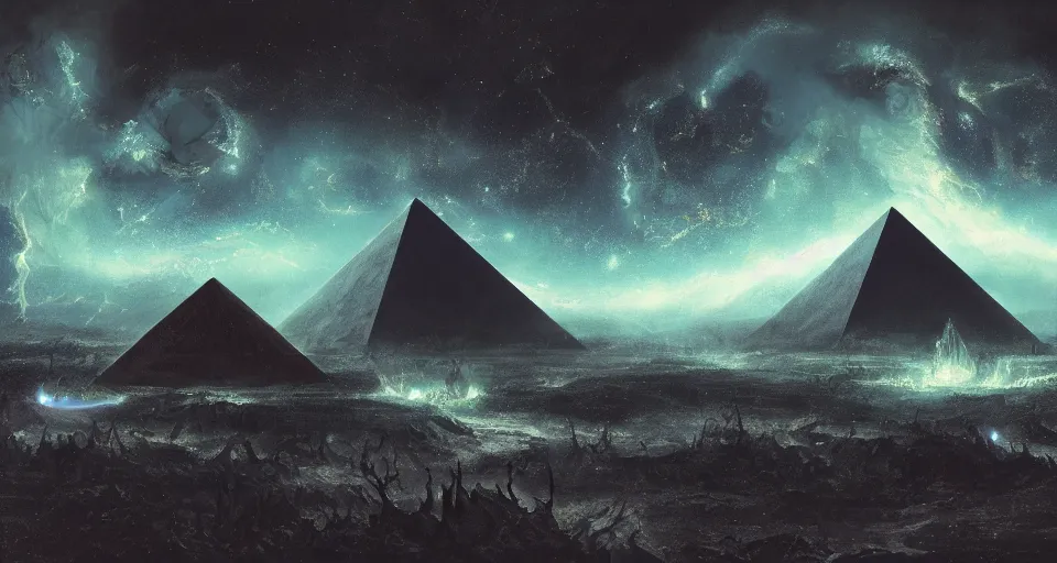 Image similar to black lovecraftian eldritch!! obsidian! large pyramid!! surrounded by black flat ground, cosmic sinister space!, bright stars, nebula, sky background by eugene von guerard, ivan shishkin, night, concept art, trending on artstation, 8 k