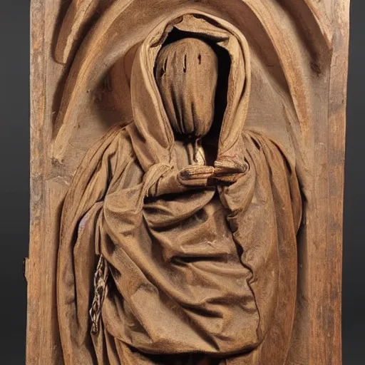 Prompt: a 1 7 th century wood carving of a hooded figure with a large sack hung over his back