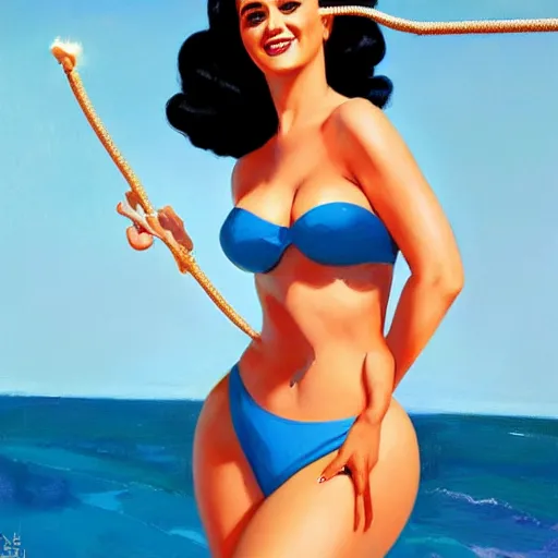 Prompt: pinup art of katy perry in a bikini, artwork by greg manchess, medium shot, asymmetrical, organic painting, sunny day, matte painting, bold shapes, hard edges, street art, trending on artstation, by huang guangjian and gil elvgren and sachin teng
