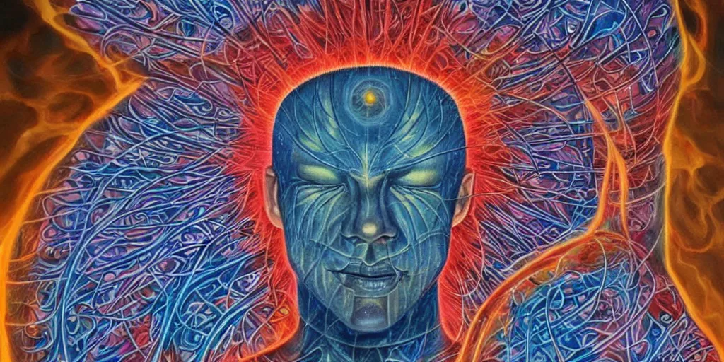 Image similar to man burning from the inside out casts astral projections around his body by alex grey!!!!, cosmic, meridians