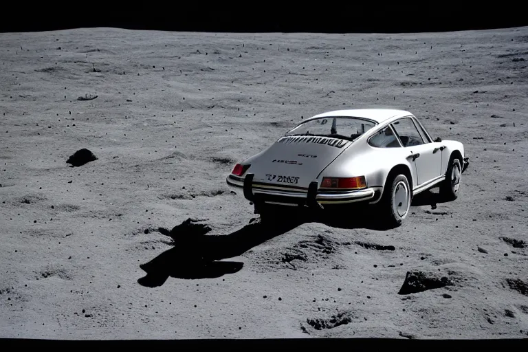 Image similar to vintage photo of a porsche 911 on the moon being driven by an astronaut. apollo moon landing