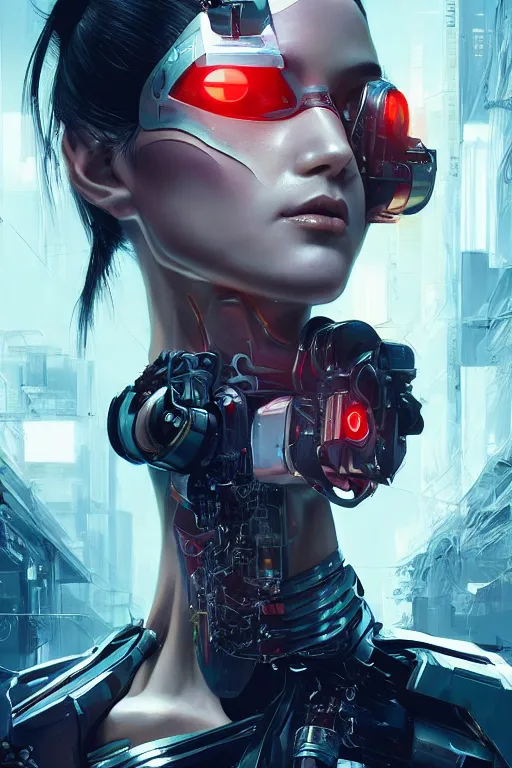 Image similar to Photorealistic illustration, geisha cyborg woman with fashion balanciaga clothe six digital eyes , cyberpunk 2077, sci-fi, futuristic, intricate, elegant, highly detailed, digital painting, artstation, concept art, smooth, sharp focus, art by artgerm, greg rutkowski and alphonse mucha